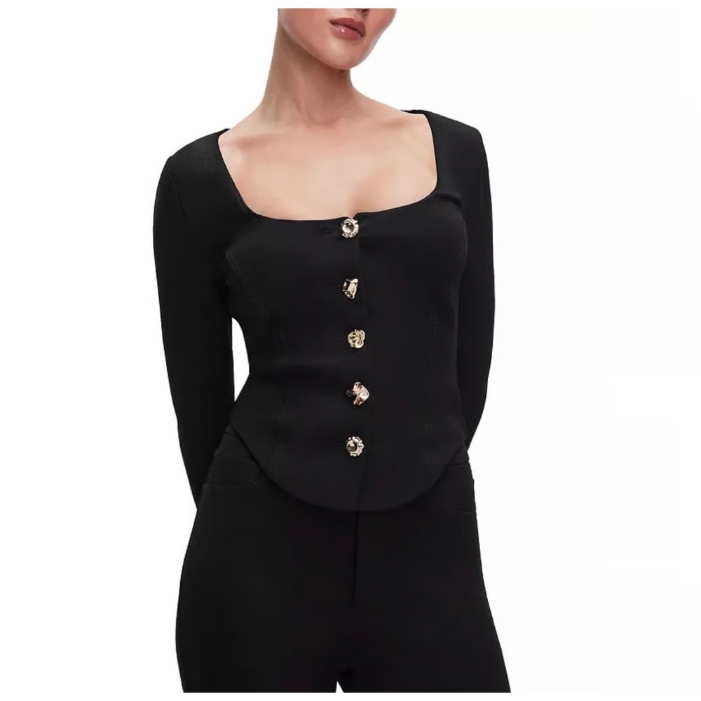 Good American Ponte Novelty Button‎ Corset Top Small Black Long Sleeve GWT0448